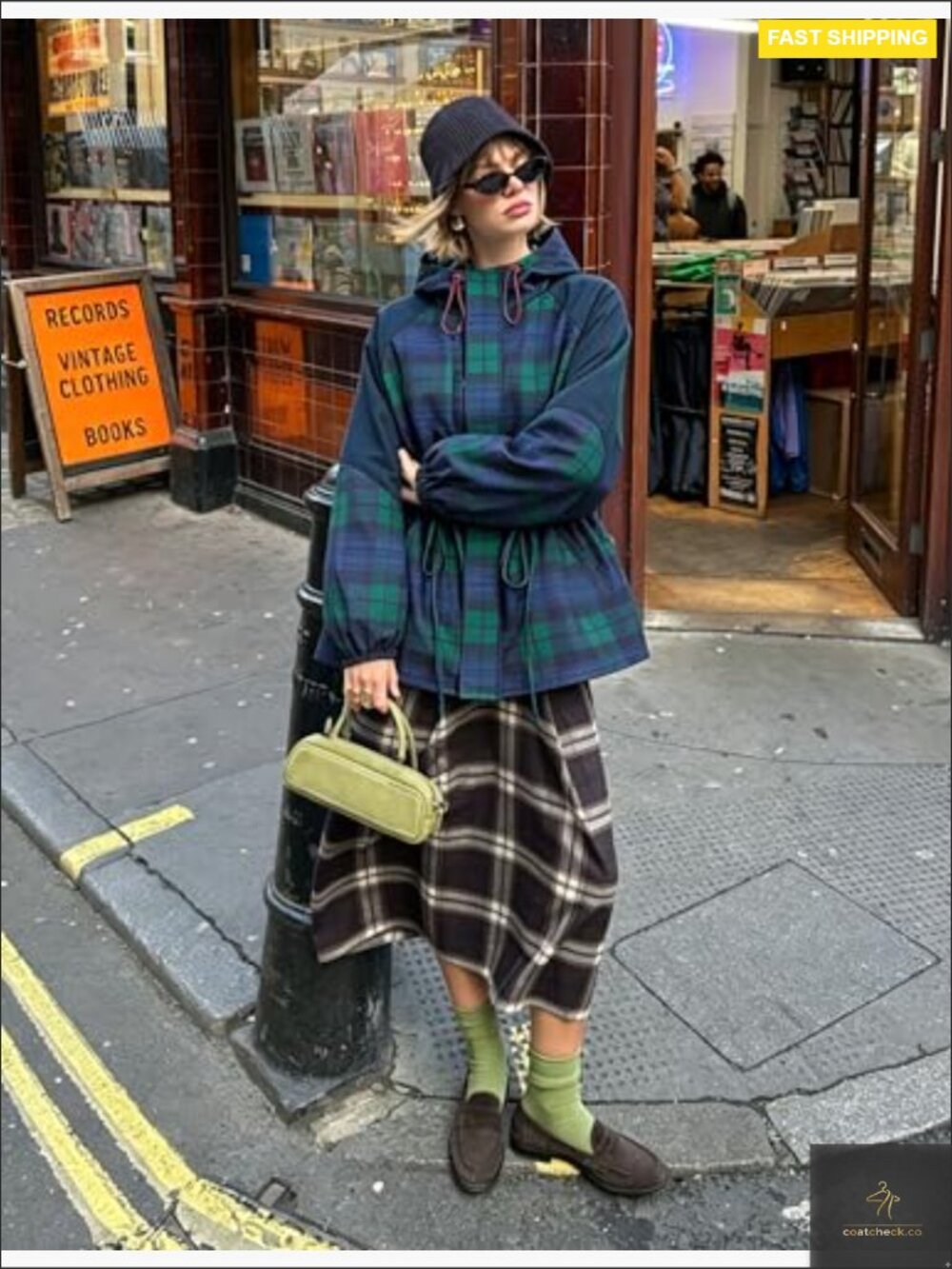 Plaid Raincoat Showerproof Jacket Windbreaker Adjustable Hood Trench - Picture 6 of 7